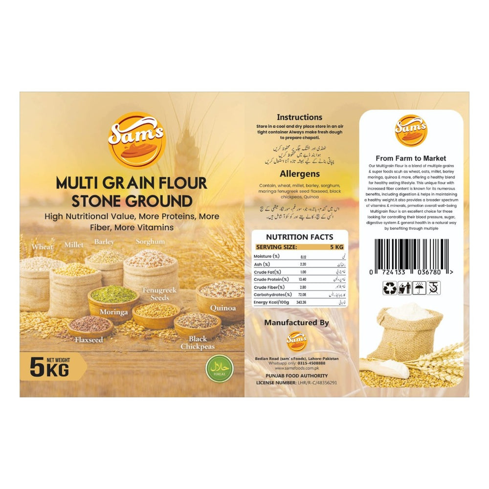 Sam's Food Multigrain Flour Stone Ground 5KG Pack Label & Nutrition Facts